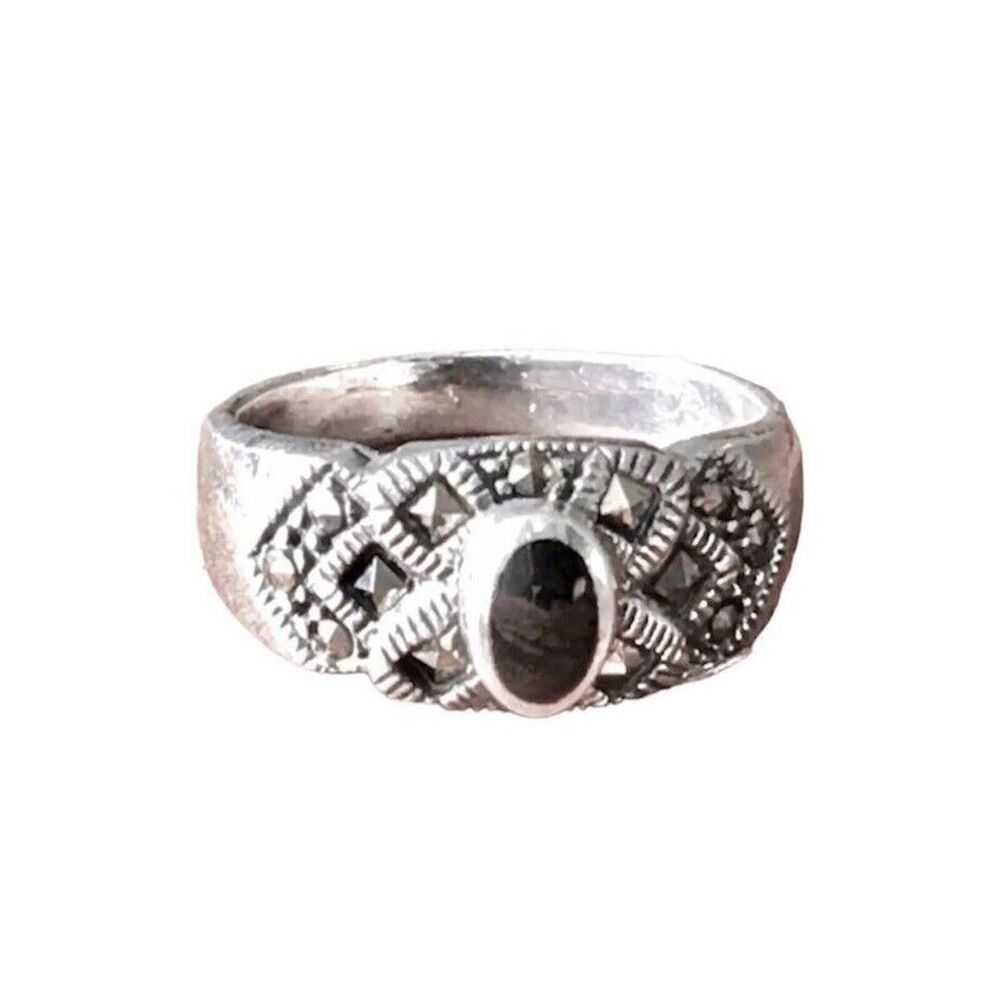 Sterling Silver Ring Size 7 Black Tourmaline Cabochon Marcasite Pyrite Studs 925